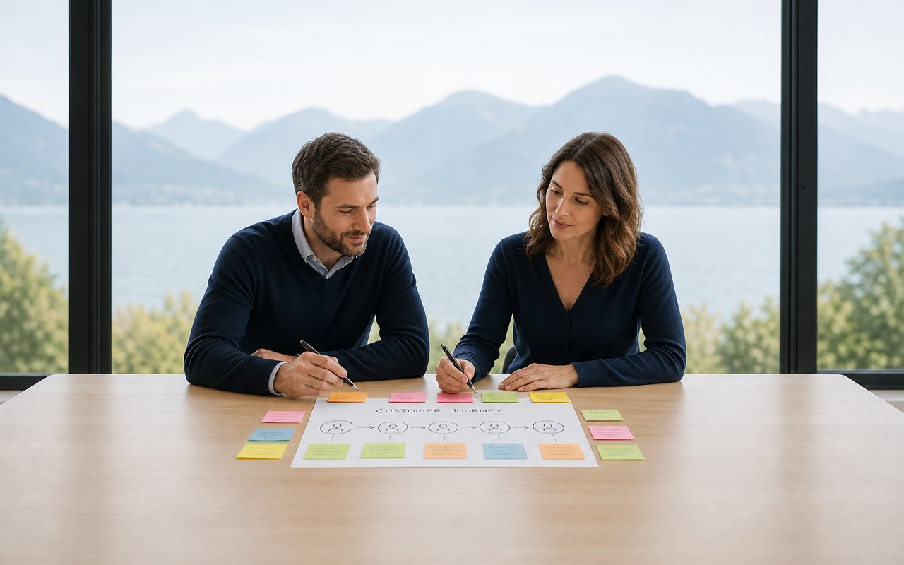 Two professionals mapping customer decisions in a workshop