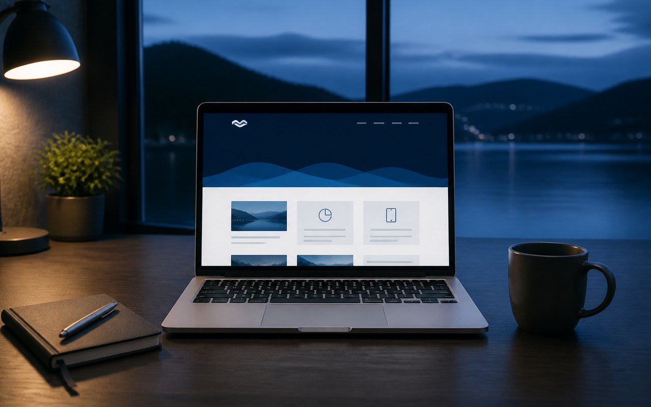 Laptop with a website mockup by a deep blue lake window